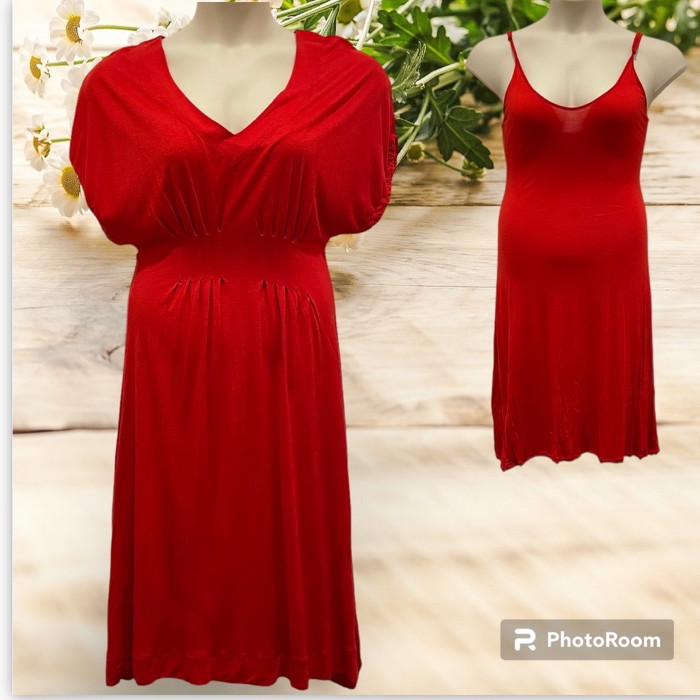 Anthropologie Red Orange V-Neck Dress with Slip